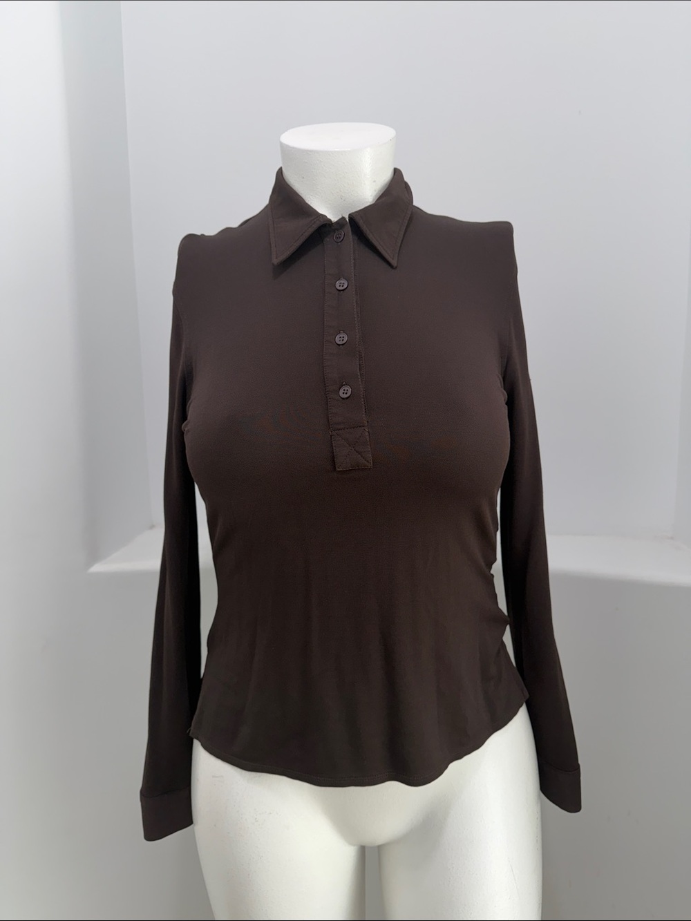 Vintage MAX & Co Italy Brown Stretch Polo Top Size 46 Long Sleeve Y2K